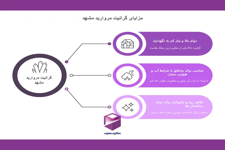 اینفوگرافیک مزایای سنگ پلاک ۳۰ گرانیت مروارید مشهد شامل دوام، مقاومت در برابر رطوبت و زیبایی ظاهری
