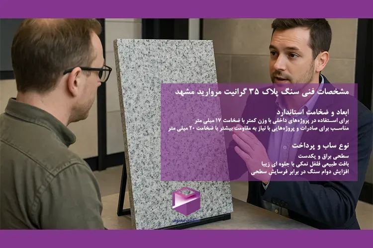 نمای نزدیک از دو مرد در حال بررسی یک نمونه سنگ گرانیت مروارید مشهد با مشخصات فنی درجشده روی تصویر