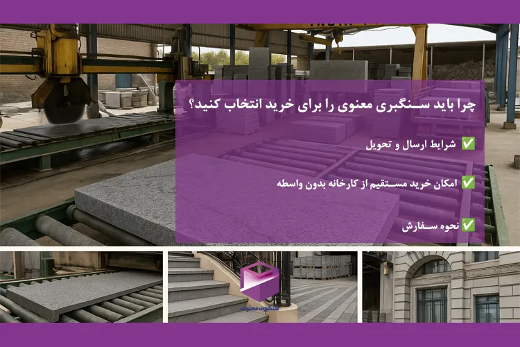 تصویری از کارخانه برش سنگ همراه با نکات مهم درباره مزایای خرید از سنگبری معنوی شامل ارسال، خرید مستقیم و سفارشگذاری