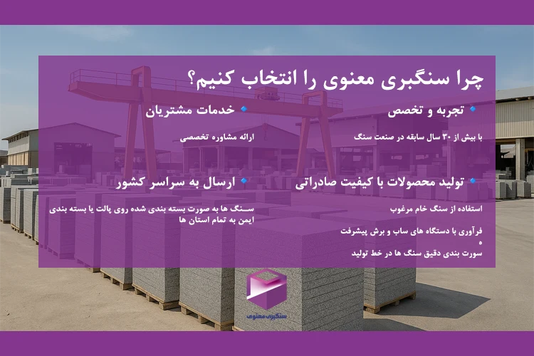 نمایی از محوطه انبار سنگبری با توضیحاتی درباره تجربه، کیفیت صادراتی، خدمات مشتری و ارسال سراسری توسط سنگبری معنوی