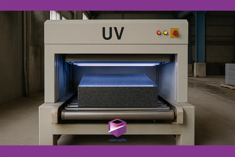 دستگاه UV صنعتی در حال خشک‌سازی رزین تزریق‌شده روی بلوک سنگ گرانیت برای تقویت ساختار آن
