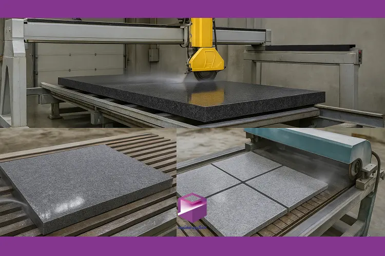 نمایش مراحل برش نهایی سنگ گرانیت با دستگاه برش CNC برای تولید اسلب و تایل با ابعاد دلخواه و دقیق