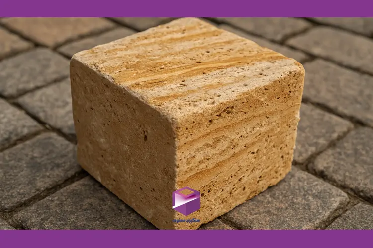 سنگ کوبیک تراورتن با بافت رگه‌دار و رنگ عسلی مناسب محوطه‌سازی و کف‌سازی